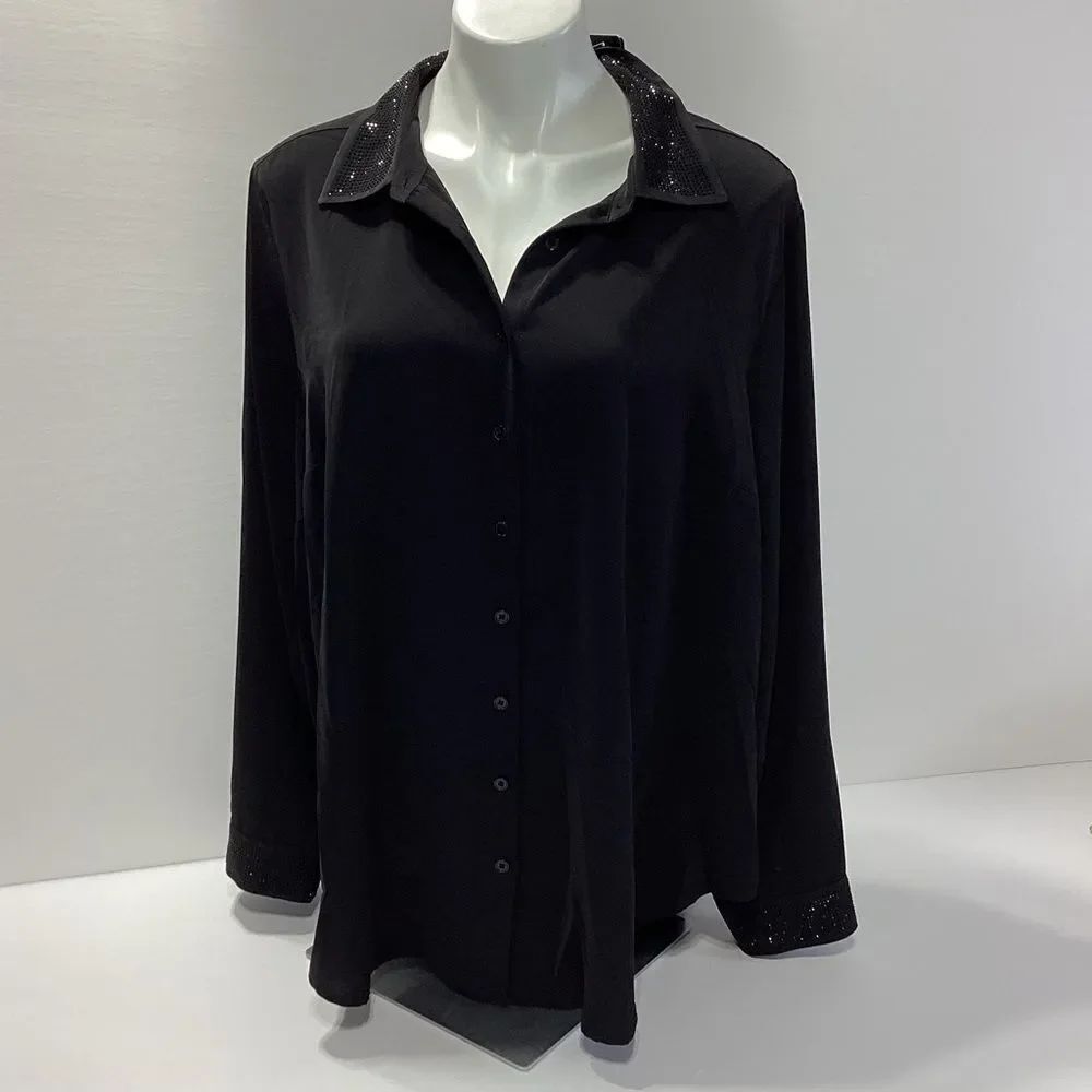 Torrid Black Button Down Blouse 2X Rhinestone Studded Trim Casual Evening Event